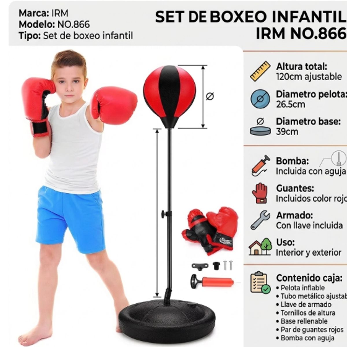 GENERICO - Set Boxeo Nino Punching Ball Ajustable 120cm Guantes Incluidos Interior Exterior Deporte Regalo