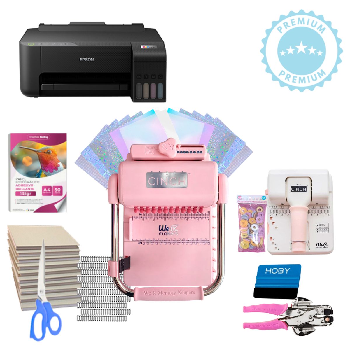 AMERICAN CRAFTS - Encuadernadora cinch pink redonda + DISC cinch rosada+ insumos K311