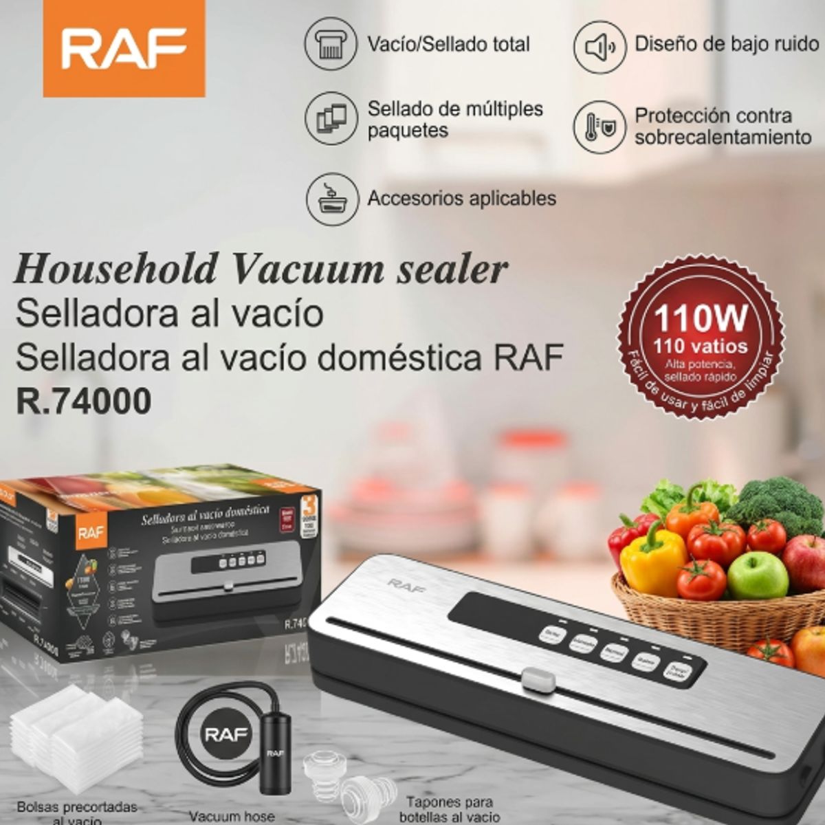 RAF - Selladora Al Vacio Automatica Cortador 1 Rollo 22cmx5m Alimentos Cocina Conservacion Plateado