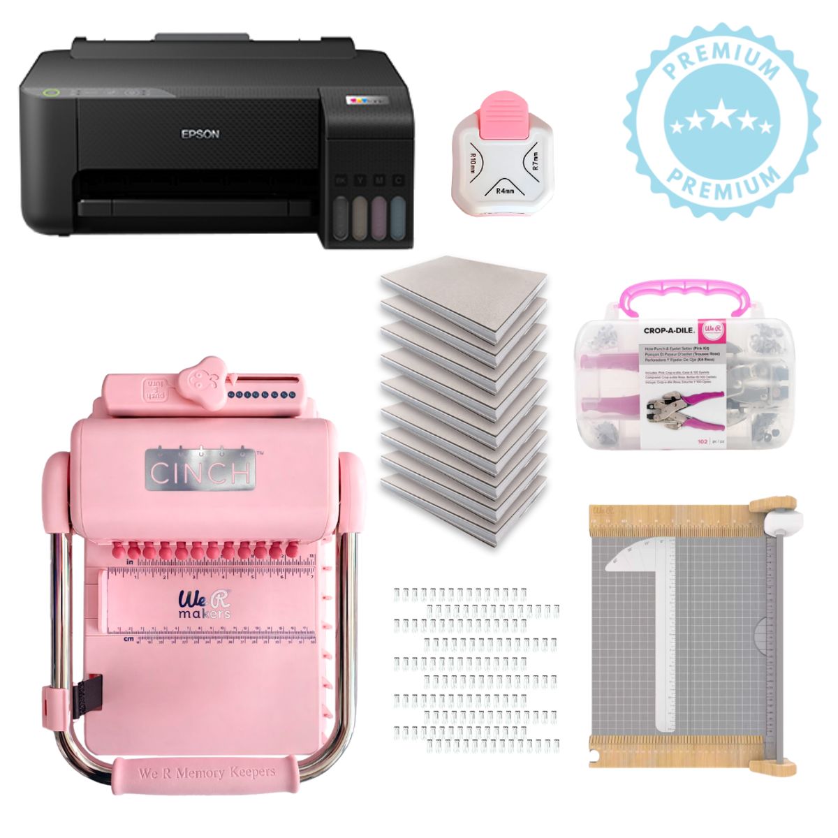 AMERICAN CRAFTS - Encuadernadora cinch pink redonda + 10 planners + guillotina + IMPRESORA K313