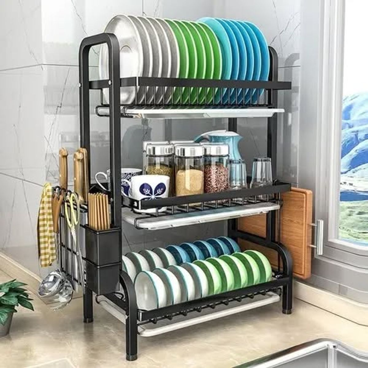 GENERICO - Rack escurridor organizador cocina secador platos 3 niveles metalico