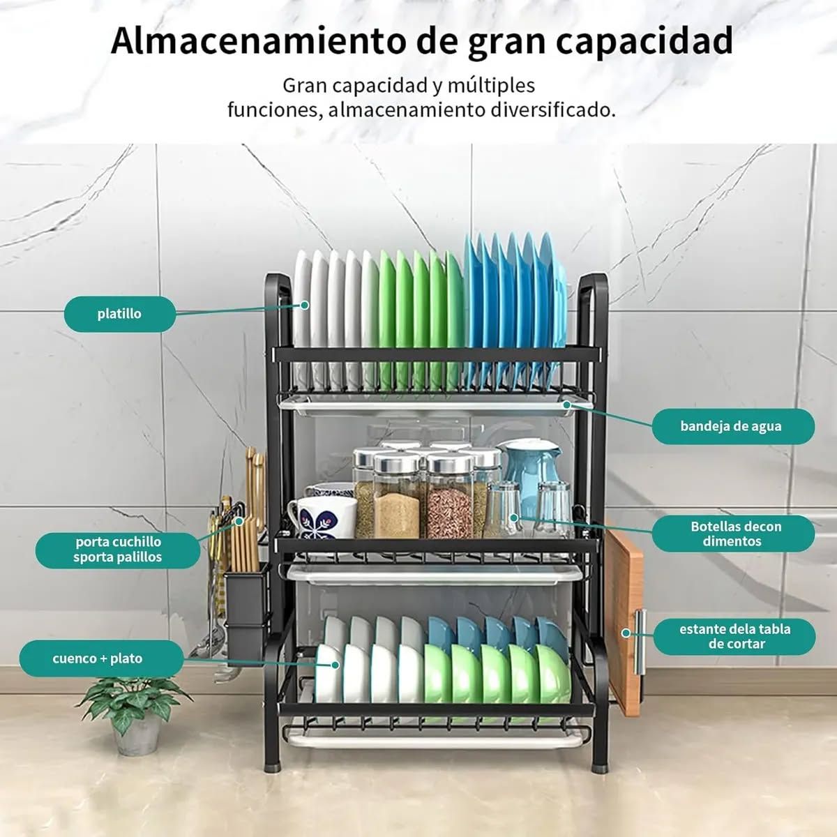 GENERICO - Rack escurridor organizador cocina secador platos 3 niveles metalico