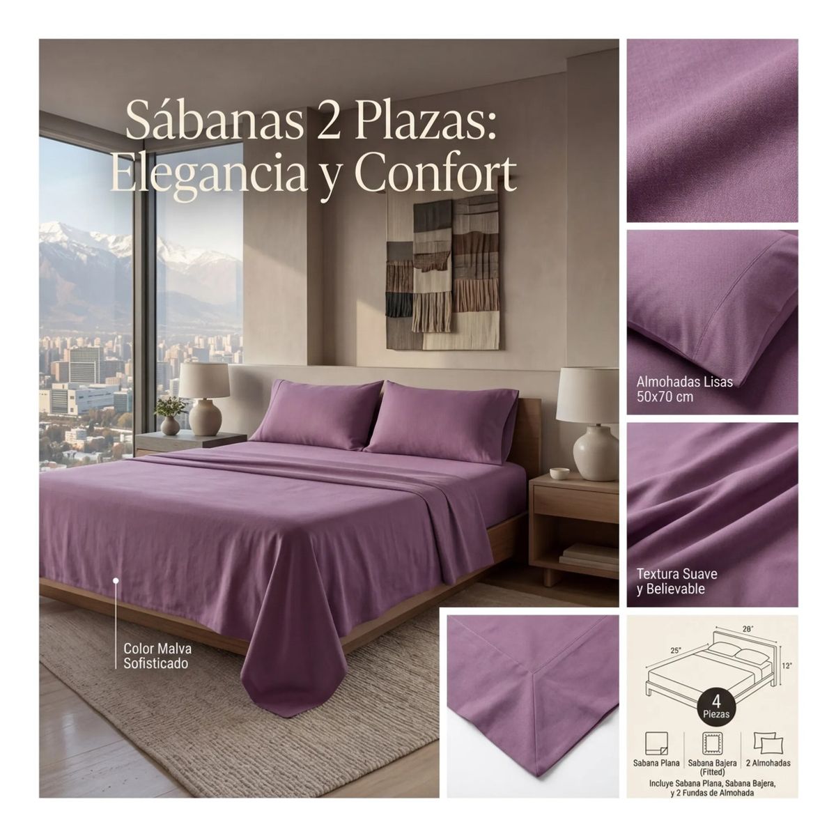 ARMONIA - Sábanas Algodón 800H 2 Plazas Malva 4 Piezas
