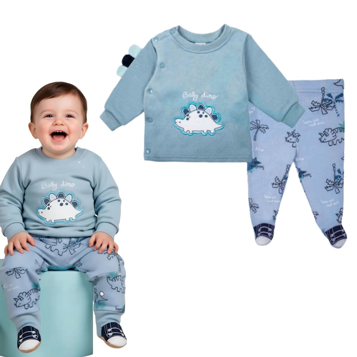 TEDMIMAK - Conjunto Buzo Bebe en Algodón Franela Dino Celeste