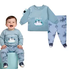 TEDMIMAK - Conjunto Buzo Bebe en Algodón Franela Dino Celeste