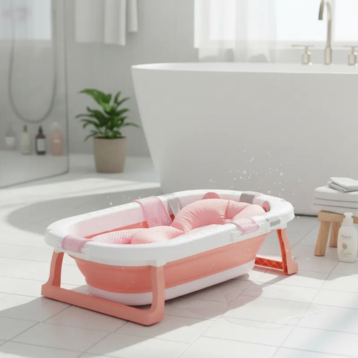 BEBESIT - Bañera Plegable Bebe con Cojin Almohada y reductor Rosada