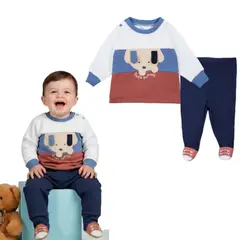TEDMIMAK - Conjunto Buzo Bebe en Algodón Franela Perrito Bicolor