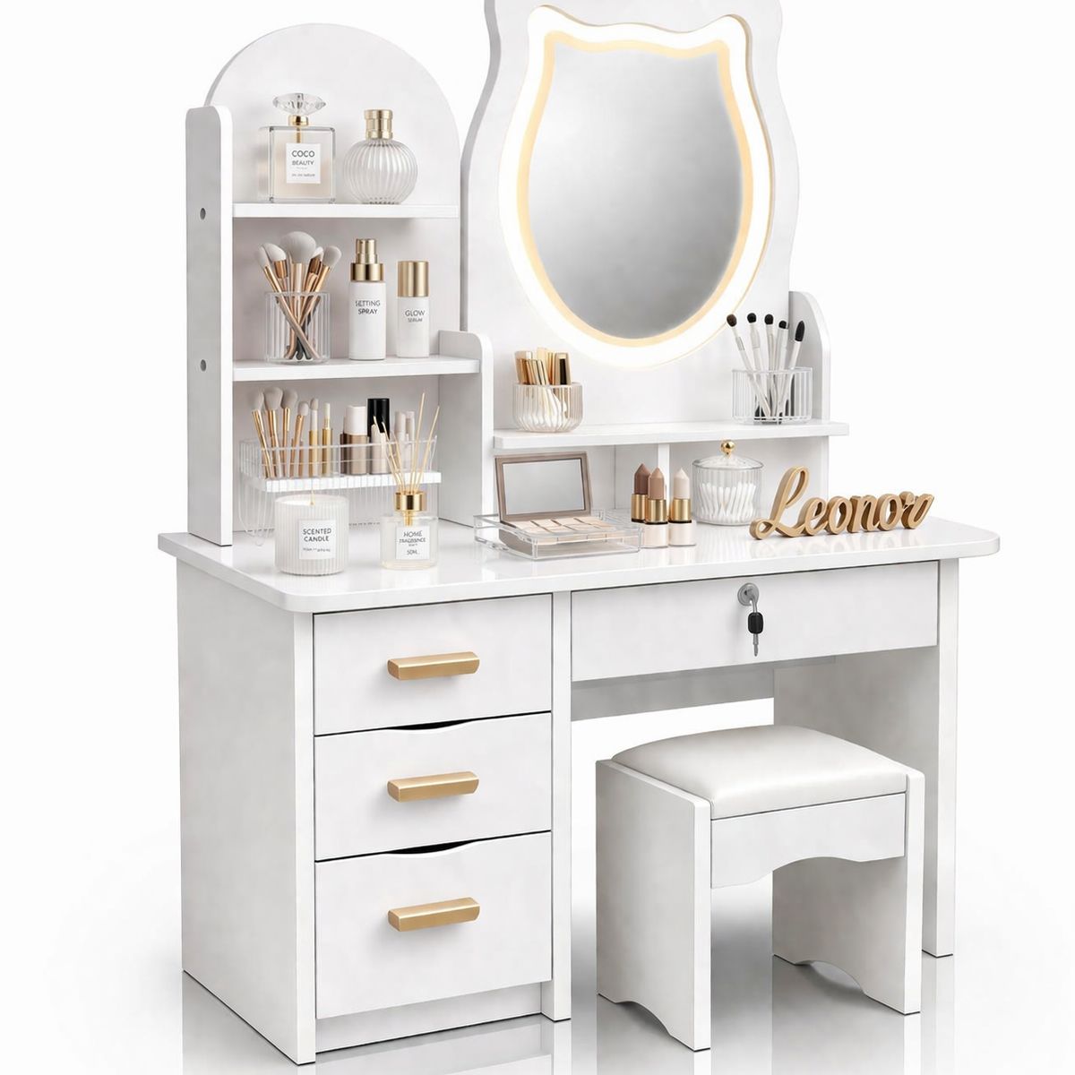 ACTUAL - Tocador Infantil Niña Espejo Luz Led Gato Cajones Taburete 120x80x34cm Blanco