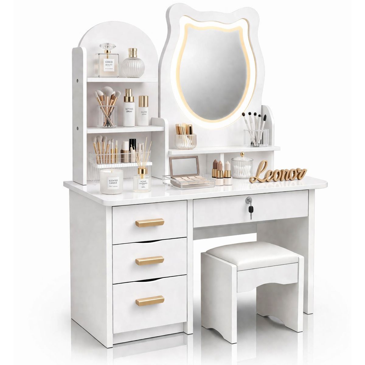 ACTUAL - Tocador Infantil Niña Espejo Luz Led Gato Cajones Taburete 120x80x34cm Blanco
