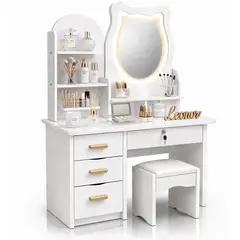 ACTUAL - Tocador Infantil Niña Espejo Luz Led Gato Cajones Taburete 120x80x34cm Blanco