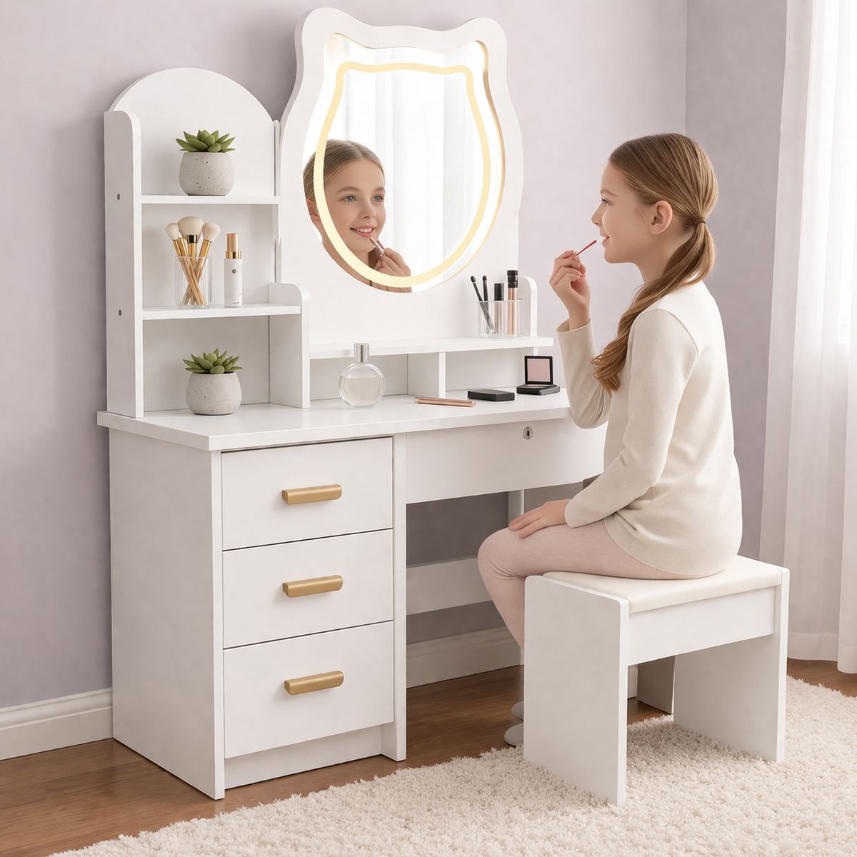 ACTUAL - Tocador Infantil Niña Espejo Luz Led Gato Cajones Taburete 120x80x34cm Blanco