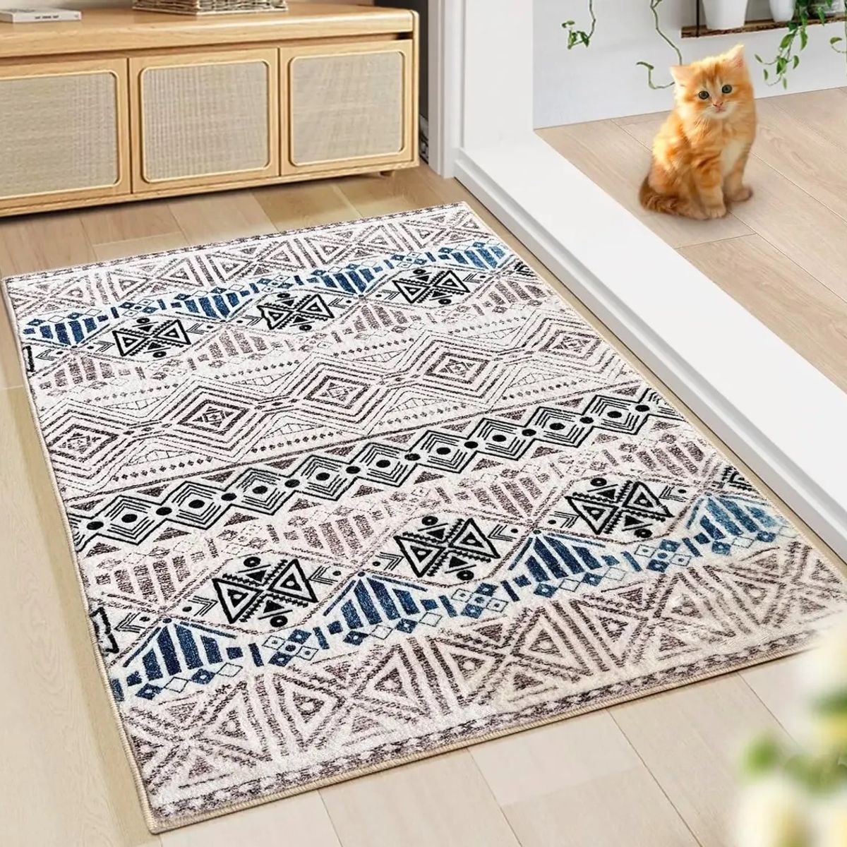 ALMA & DECO - Alfombra Lisa Estampada Modelo Home Etnic Azul y Café 120x170 Cm
