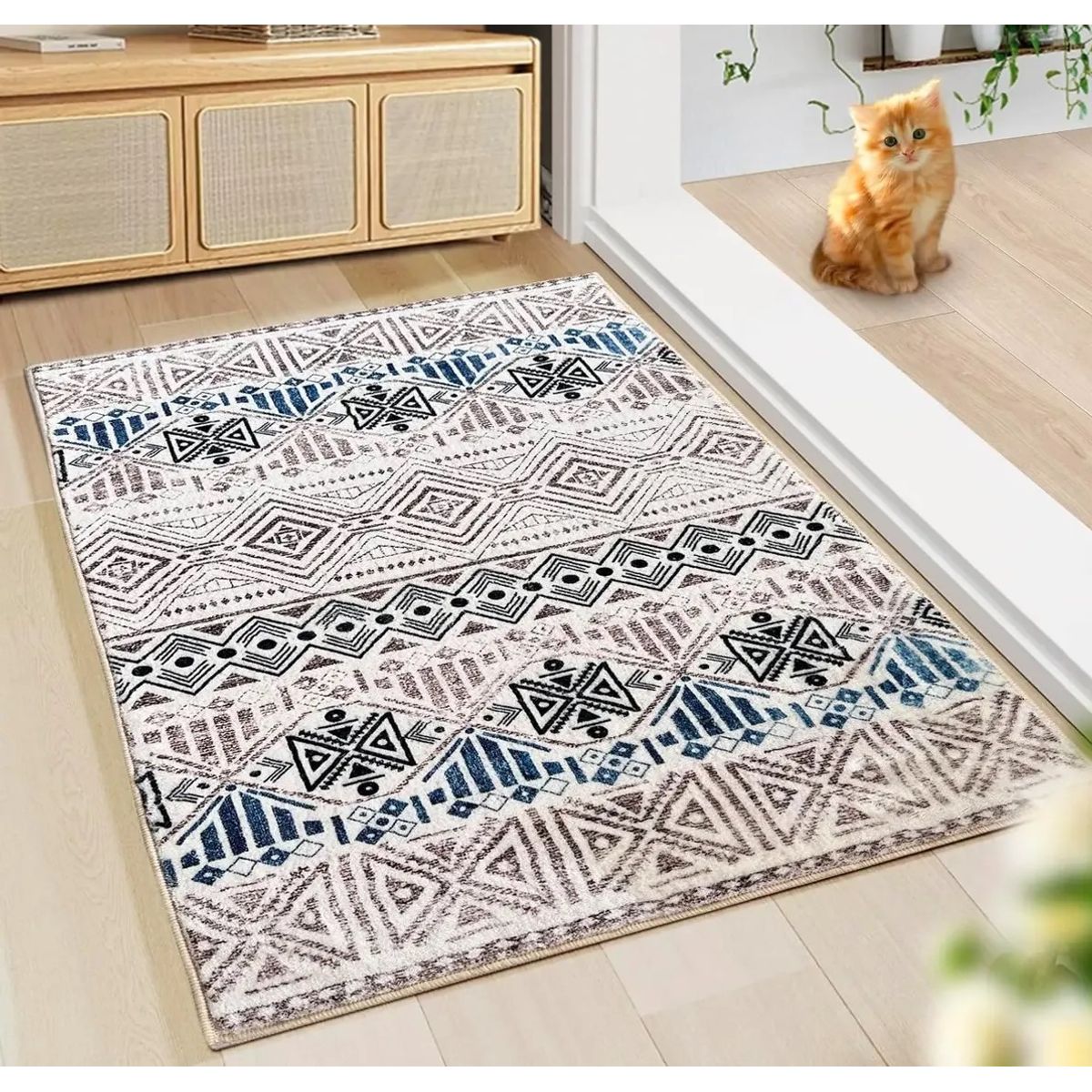 ALMA & DECO - Alfombra Lisa Estampada Modelo Home Etnic Azul y Café 120x170 Cm