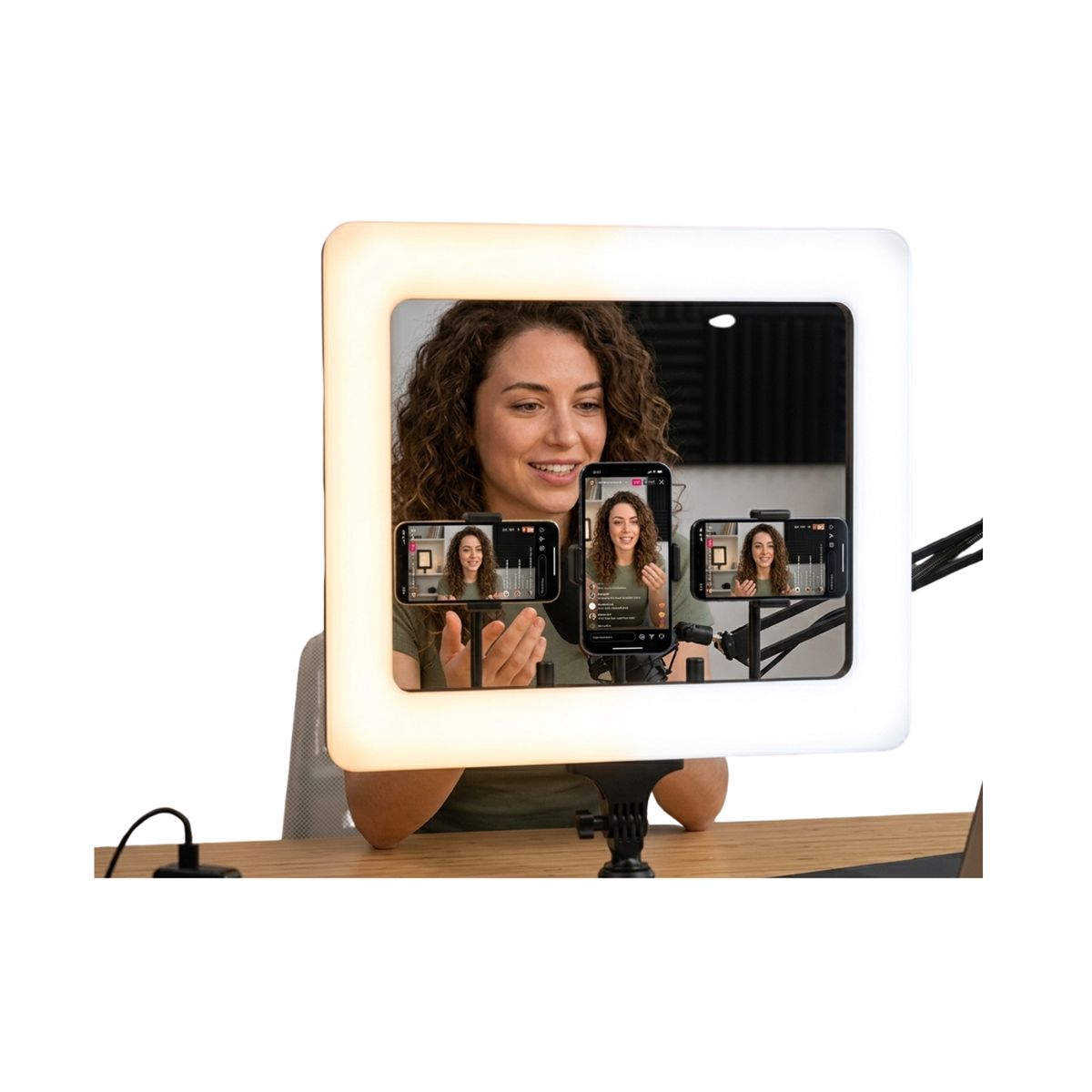 GENERICO - Aro De Luz Rectangular Para 3 Celulares Y Control R Blanco Led