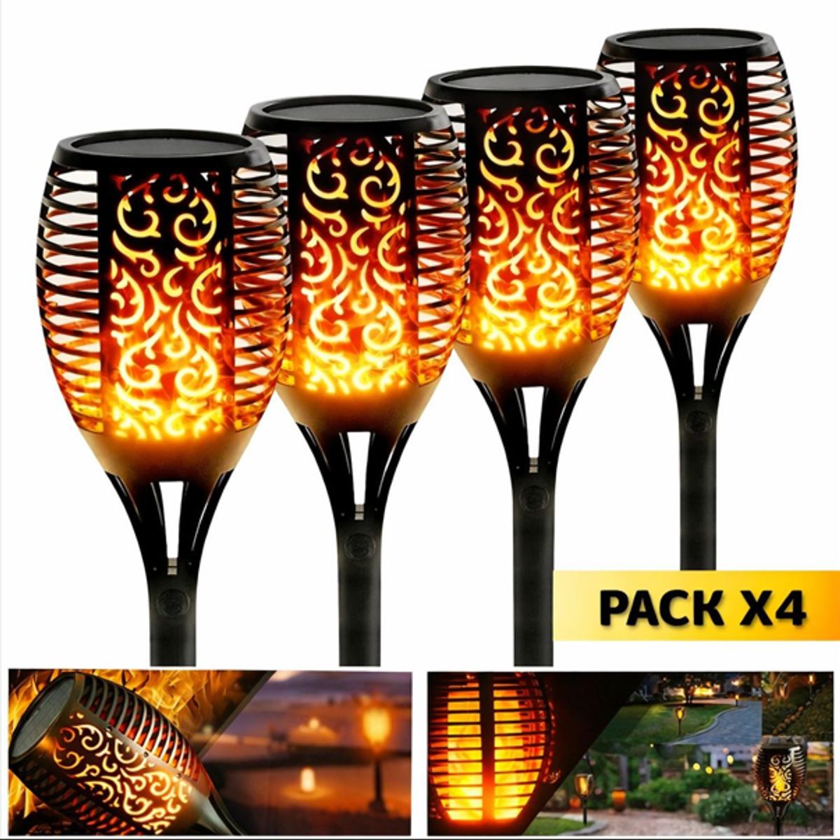 GENERICO - Pack 4 Antorchas Solares LED Jardin 58cm Estacas Decoracion Exterior Patio Hogar Luz Ambiente