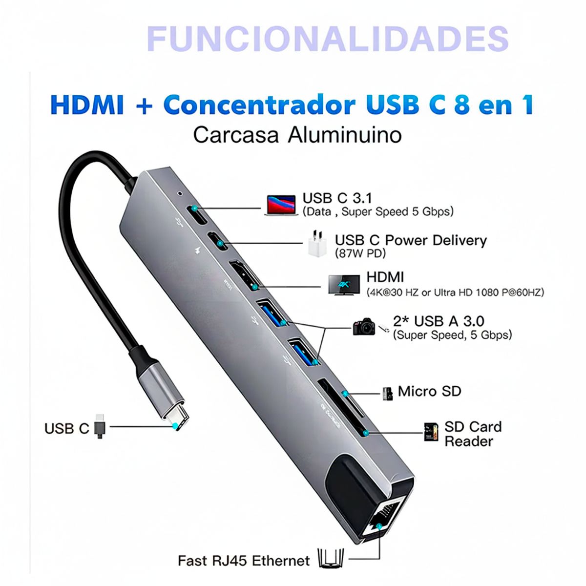 GENERICO - Hub Adaptador Usb C 8 Puertos Macbook Hdmi 4k Ethernet Sd