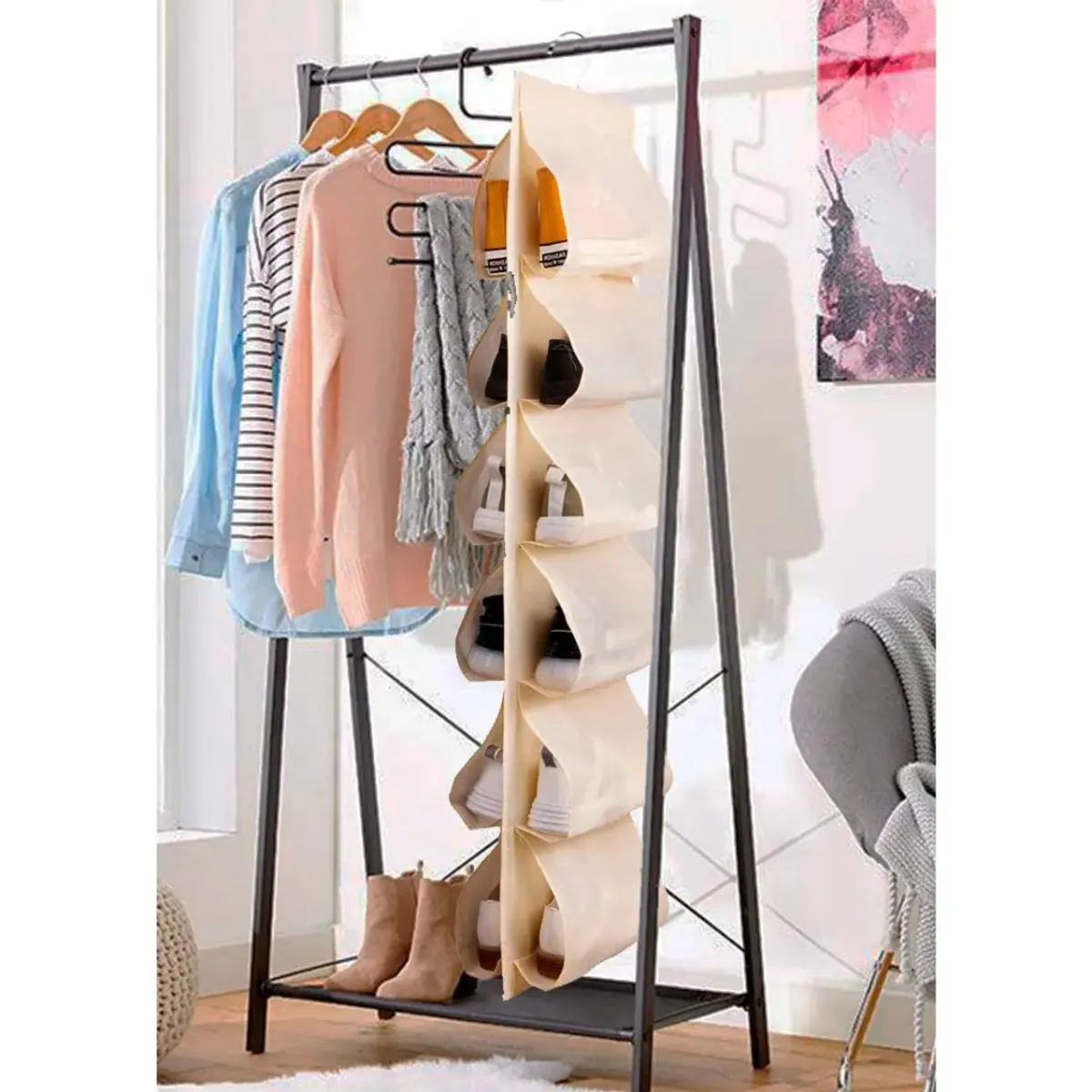 GENERICO - Organizador de Zapatos para 6 Zapatillas Tela color Beige