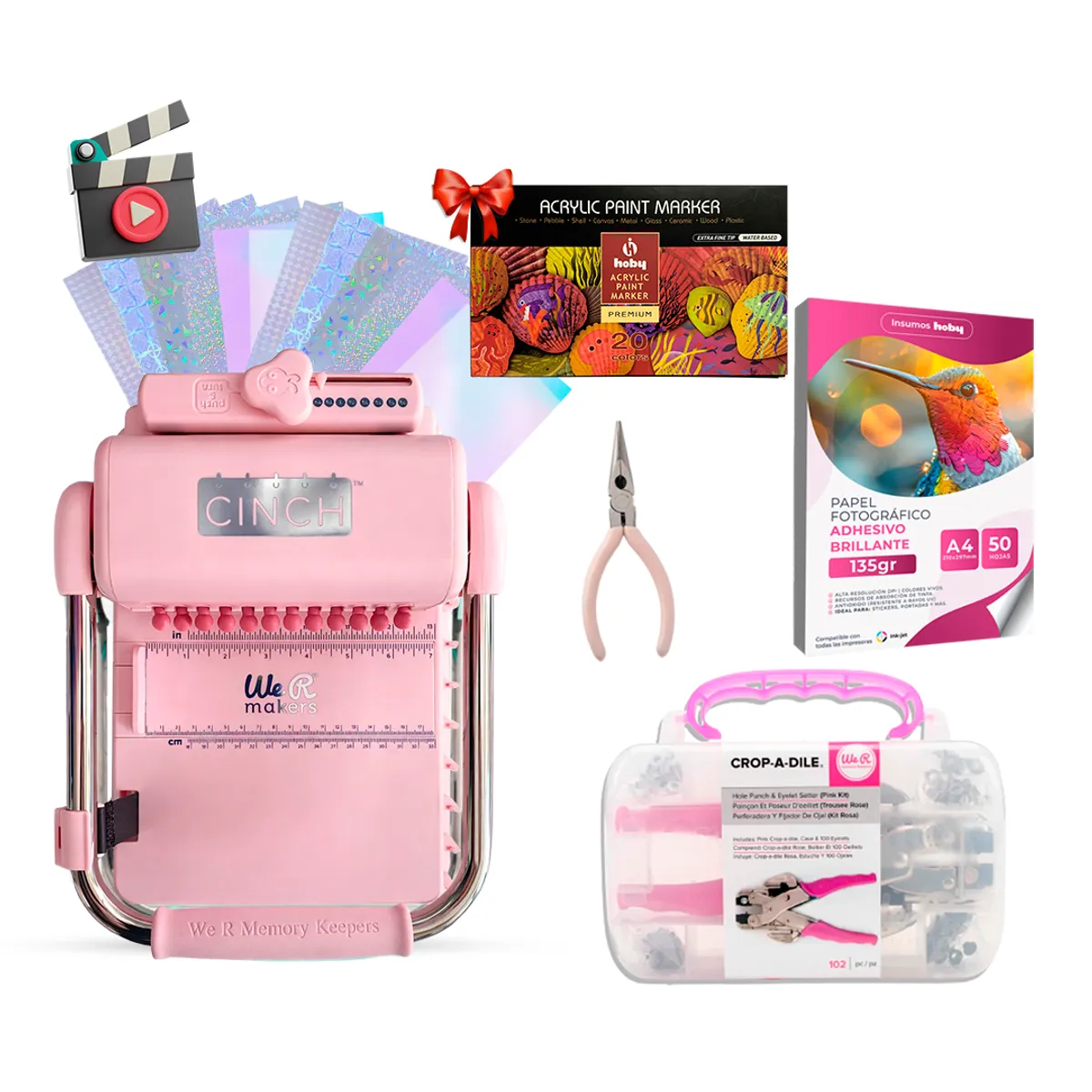 CINCH - Kit Pink Elite Encuadernadora Cinch Pink + Maletín Ojetilladora Crop-A-Dile + Insumos y Regalo