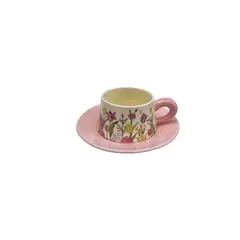 GENERICO - Taza Cafe Flores 7.5×6.3 cm Plato 16 cm Rosa