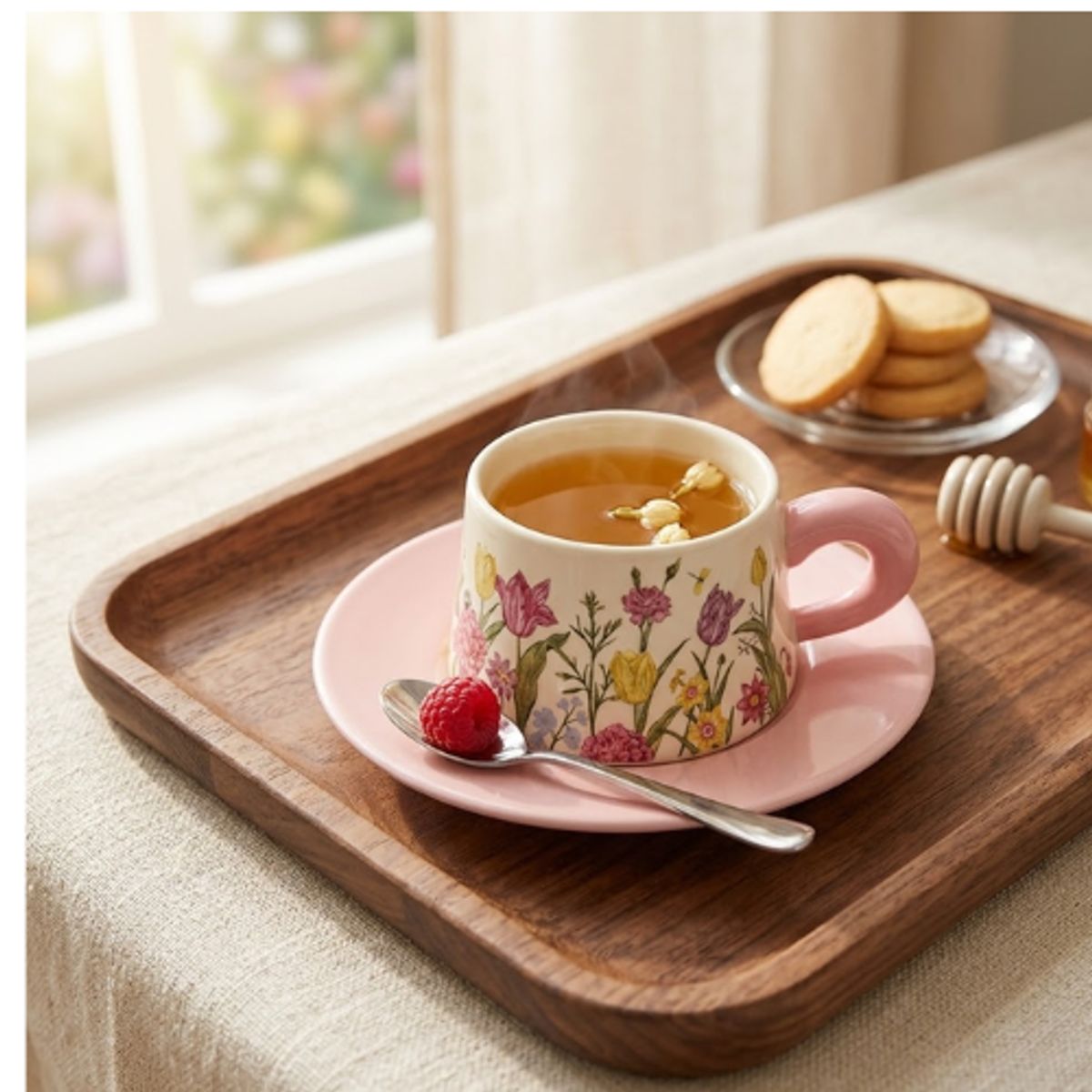 GENERICO - Taza Cafe Flores 7.5×6.3 cm Plato 16 cm Rosa