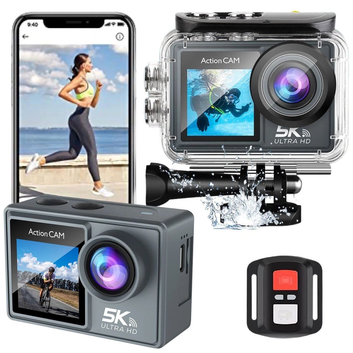 GENERICO - Cámara Acción Deportiva 5k UHD 30fps 2 Pantallas Wifi 24mpx + Bateria extra Regalo