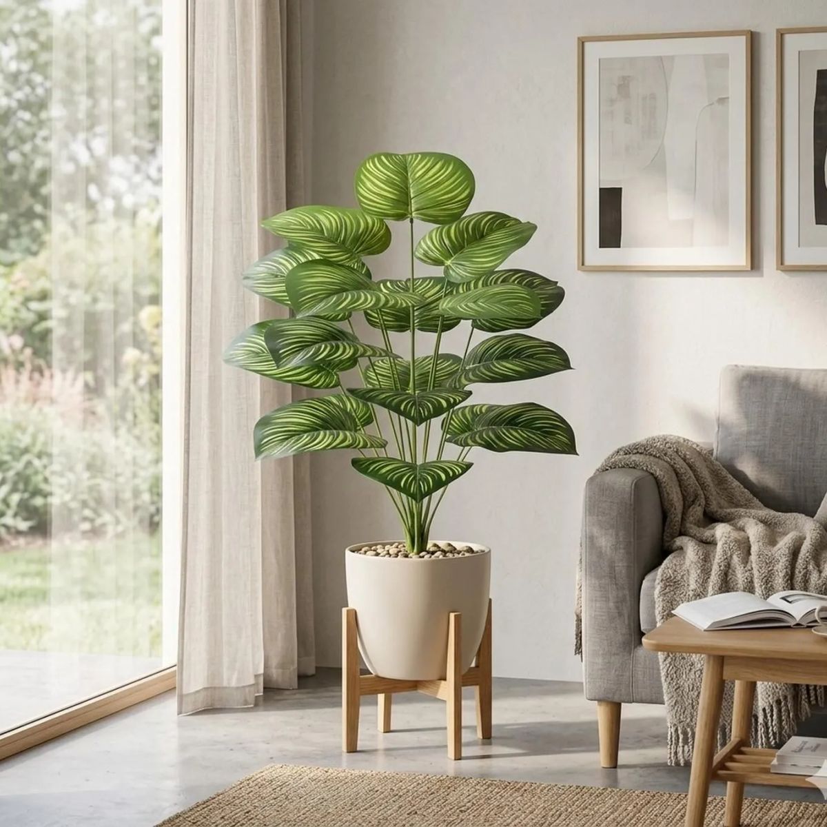 ARBUSTO REAL - Planta Artificial Arbusto Decorativa Hojas Ralladas 80 Cm
