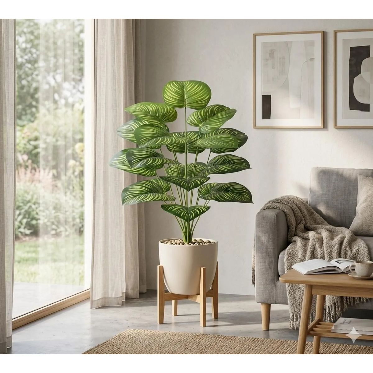 ARBUSTO REAL - Planta Artificial Arbusto Decorativa Hojas Ralladas 80 Cm