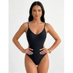 HAMI BOUTIQUE - Traje de Baño de Una Pieza Negro Colaless con Espalda Abierta y Tiras Cruzadas