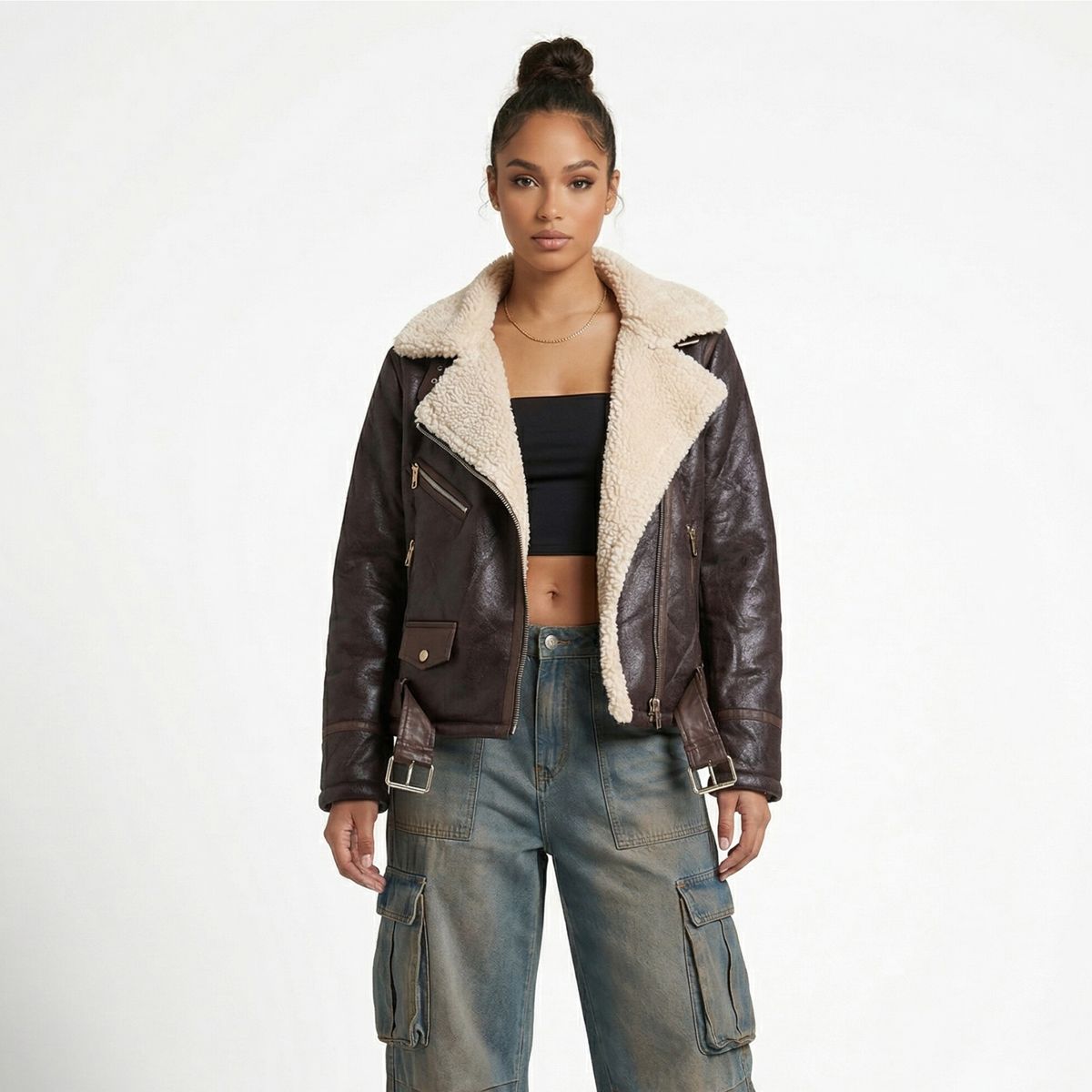 D'JOE - Chaqueta Aviadora Ecocuero Soft Forro Mujer Regina