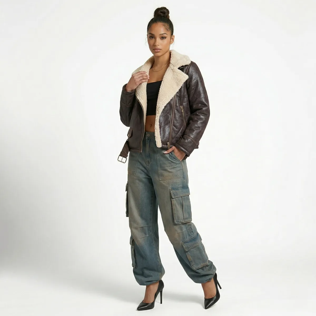 D'JOE - Chaqueta Aviadora Ecocuero Soft Forro Mujer Regina