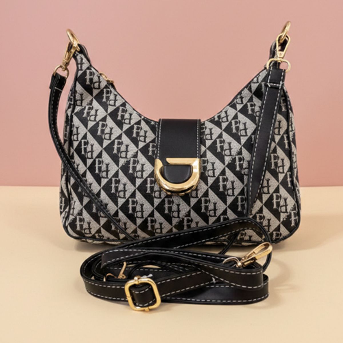 GENERICO - Cartera de Hombro Jacquard con Monograma y Detalles en Ecocuero - Diseño de Lujo