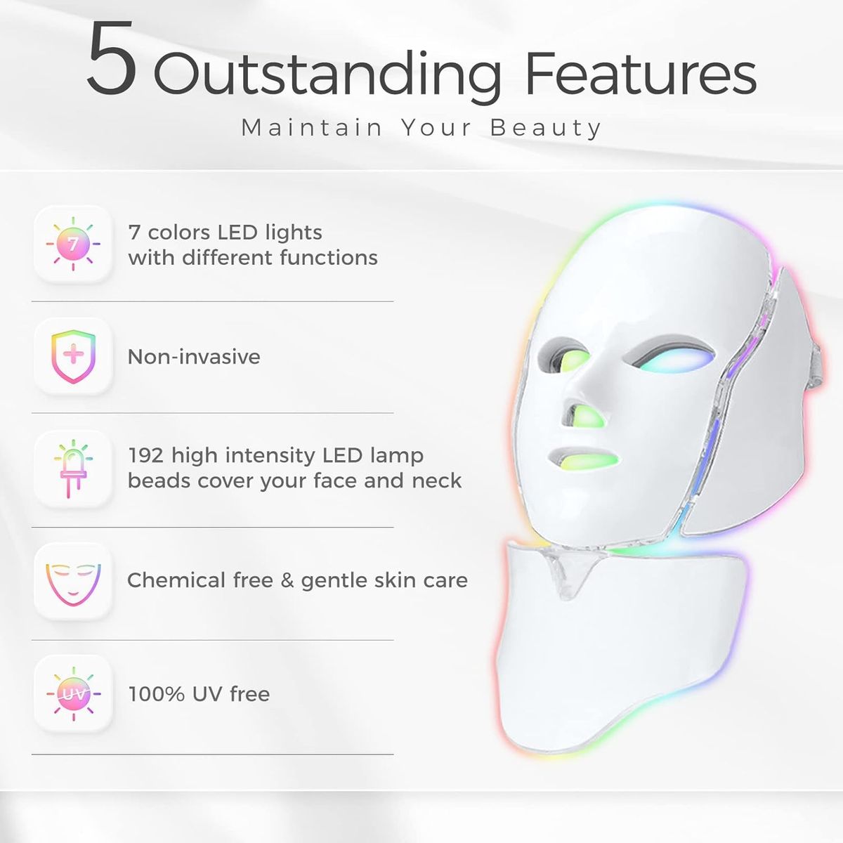 MOVI - Máscara LED Facial y Cuello 7 Colores – Antiarrugas, Acné, Manchas y Rejuvenecimiento Profesional