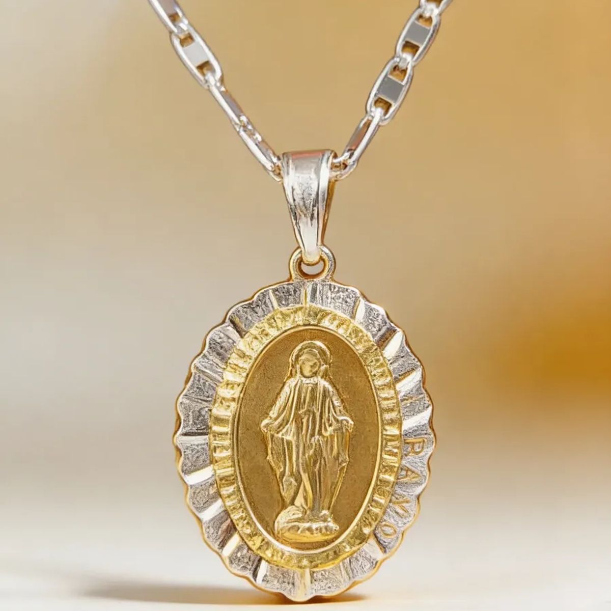GENERICO - Cadena Virgen Del Rayo Plata 925 Religiosa 70cm medalla de Oro 14k collar mujer virgencita