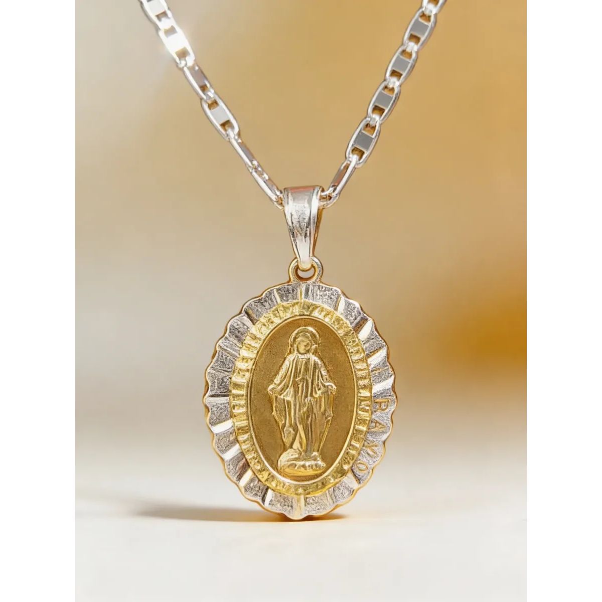 GENERICO - Cadena Virgen Del Rayo Plata 925 Religiosa 70cm medalla de Oro 14k collar mujer virgencita