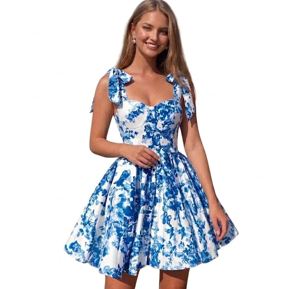 HAMI BOUTIQUE - Vestido Corto de Estampado Floral Azul- Escote Corazón y Lazos en Hombros Ajustables