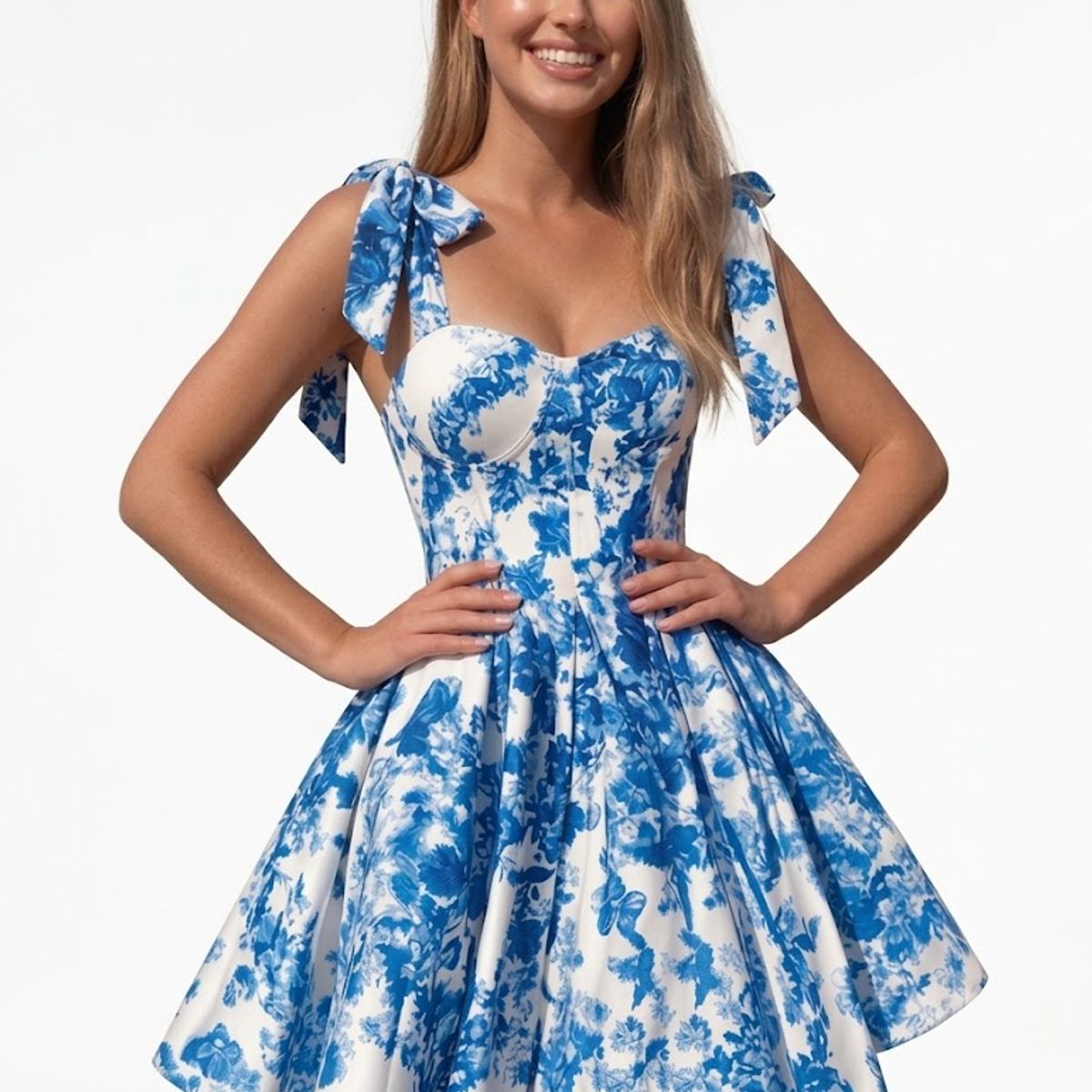 HAMI BOUTIQUE - Vestido Corto de Estampado Floral Azul- Escote Corazón y Lazos en Hombros Ajustables