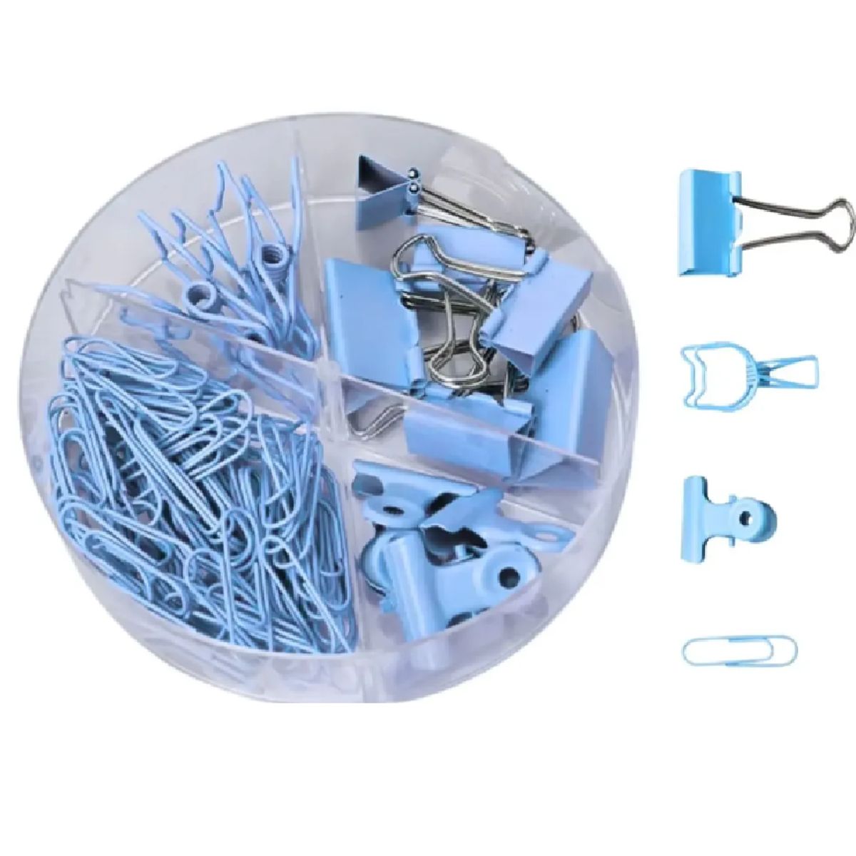 GENERICO - Cajita de Clips y Doble Clip Apretadores para Oficina 86 Piezas Celeste