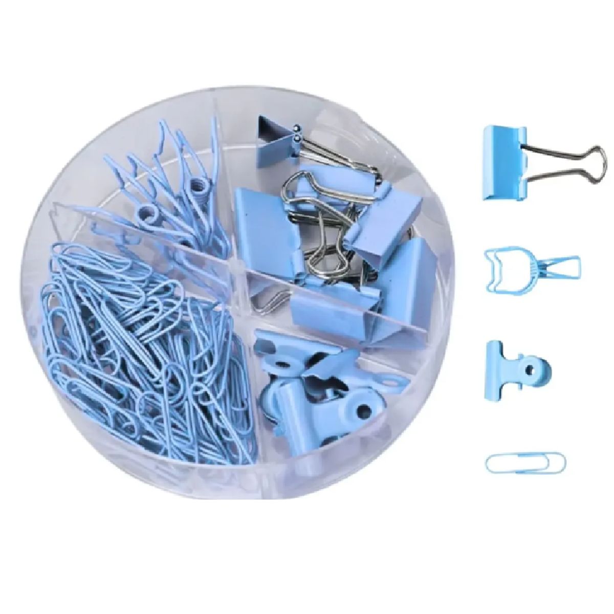 GENERICO - Cajita de Clips y Doble Clip Apretadores para Oficina 86 Piezas Celeste