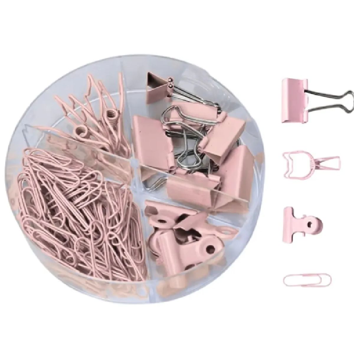 GENERICO - Cajita de Clips y Doble Clip Apretadores para Oficina 86 Piezas Rosa