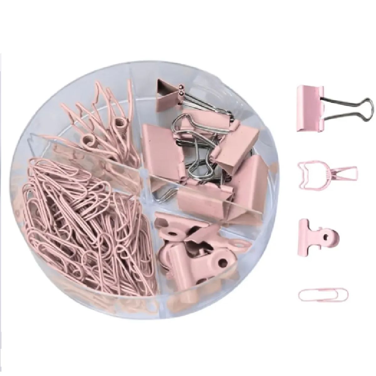 GENERICO - Cajita de Clips y Doble Clip Apretadores para Oficina 86 Piezas Rosa