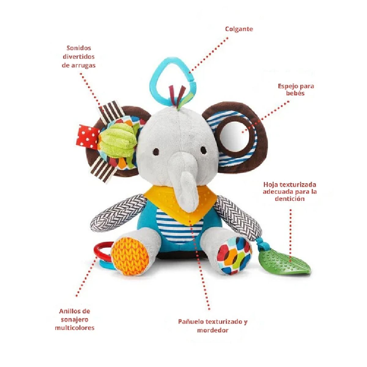 GENERICO - Peluche Sensorial Elefante Mordedor y Sonajero de Felpa para Bebés