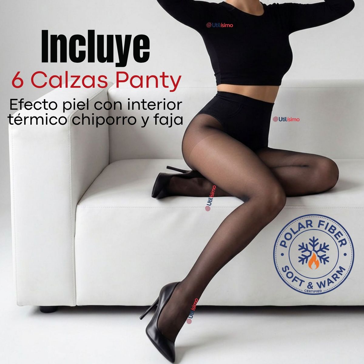 UTILISIMO - Pack 6 Calzas Pantys Efecto Piel Con Faja Polar Térmica Elasticada