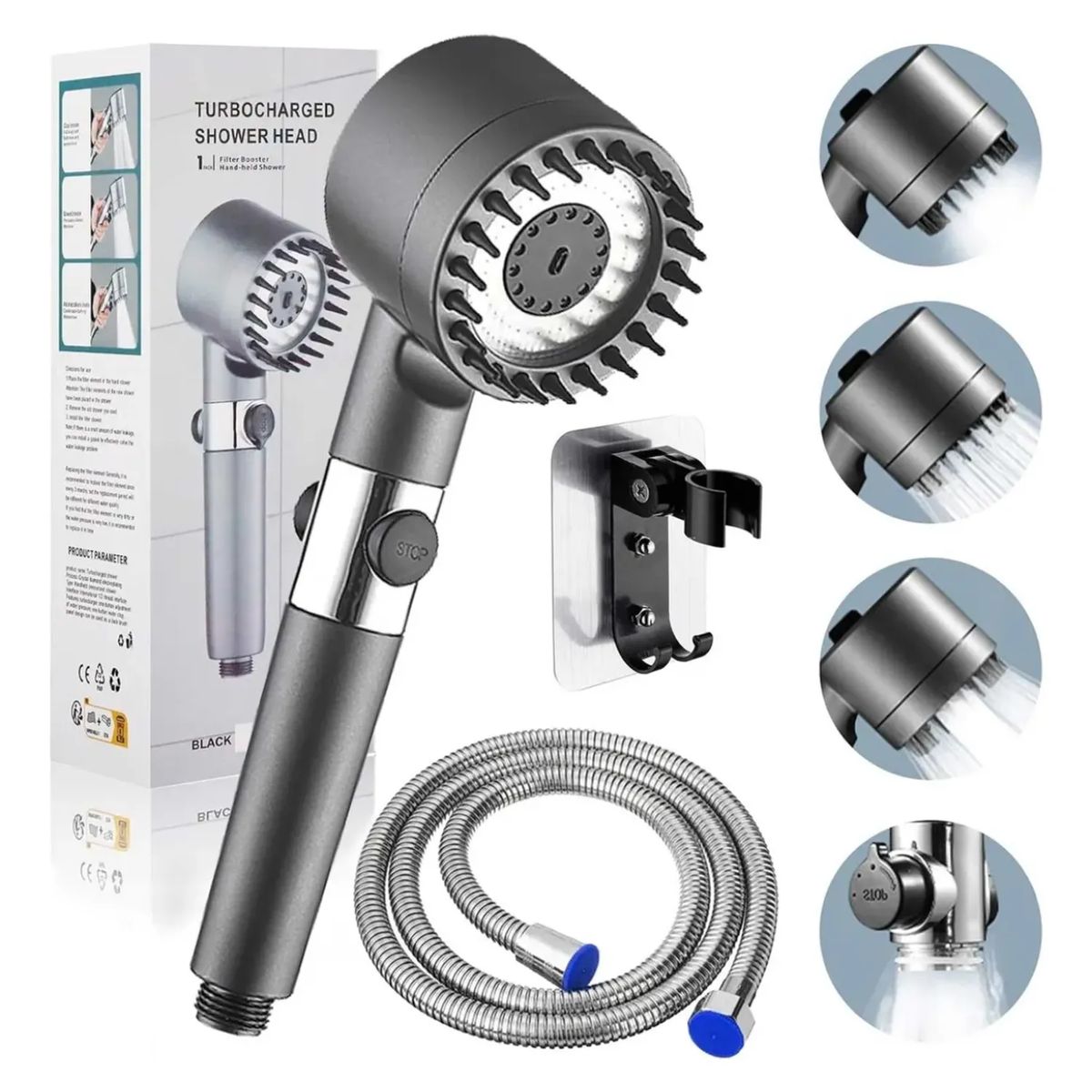MOVI - Cabezal De Ducha Alta Presion 4 En 1 con manguera
