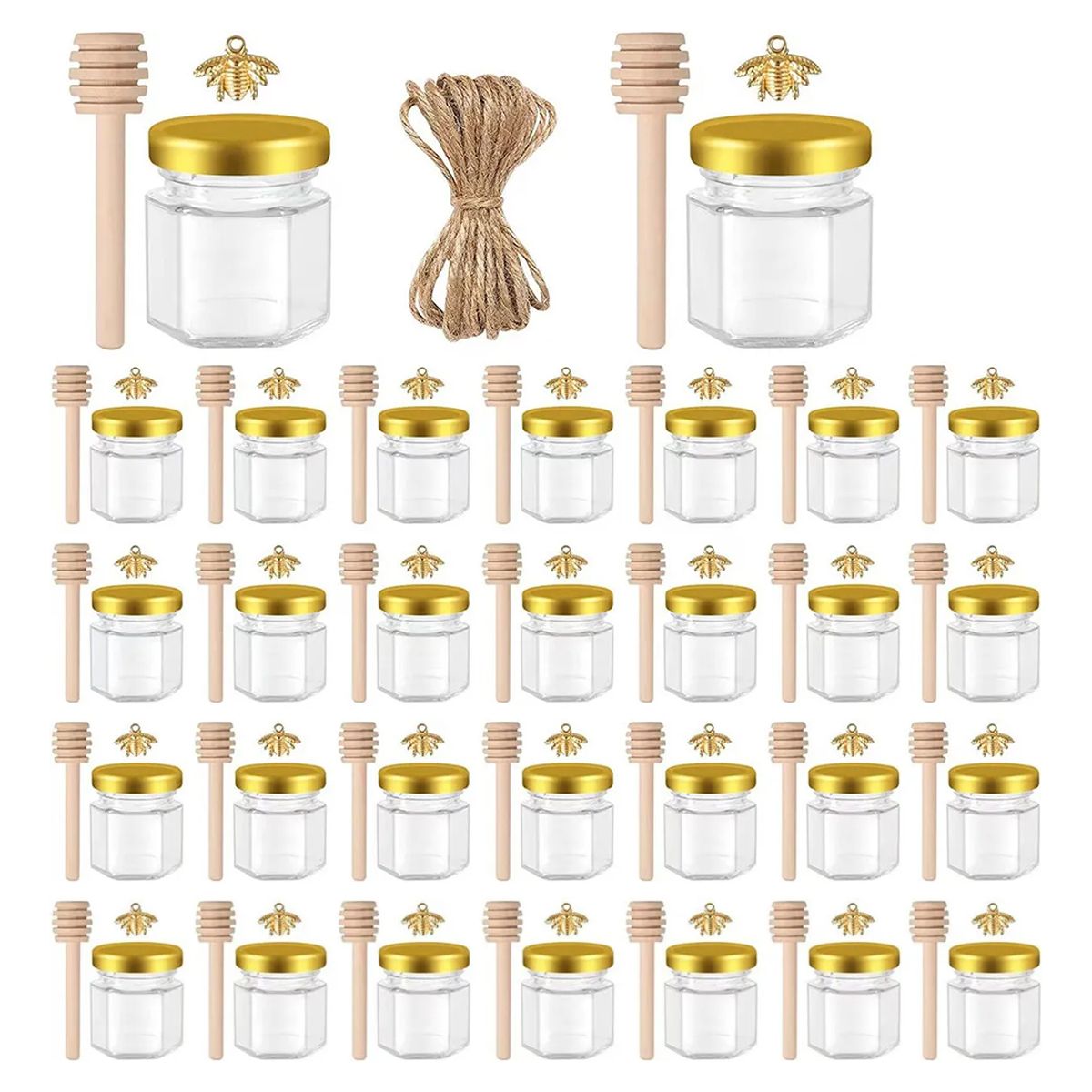 KINDA NICE - Juego 30 Tarros Hexagonales Para Miel 45 Ml,cucharas Madera