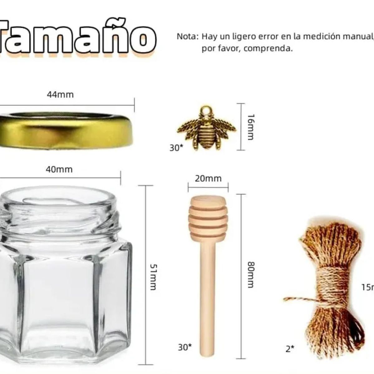 KINDA NICE - Juego 30 Tarros Hexagonales Para Miel 45 Ml,cucharas Madera
