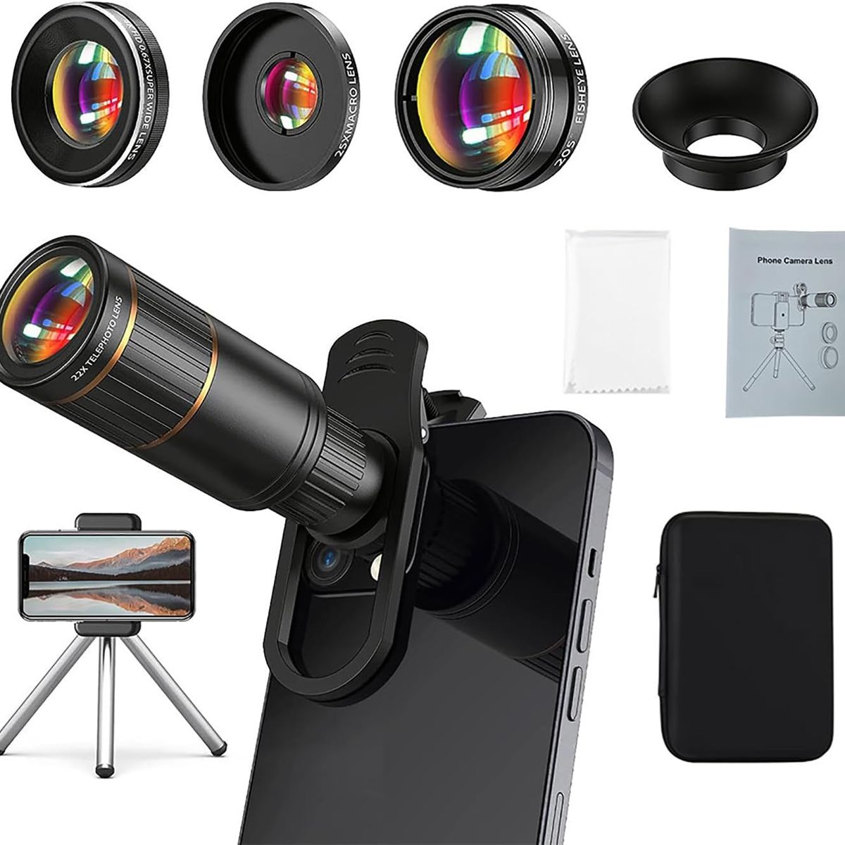 PUREPOWER - 4en1 Teleobjetivo Para Celular Lentes Zoom para Celular,HD20X, Ojo de Pez205°,Gran Angular de140°