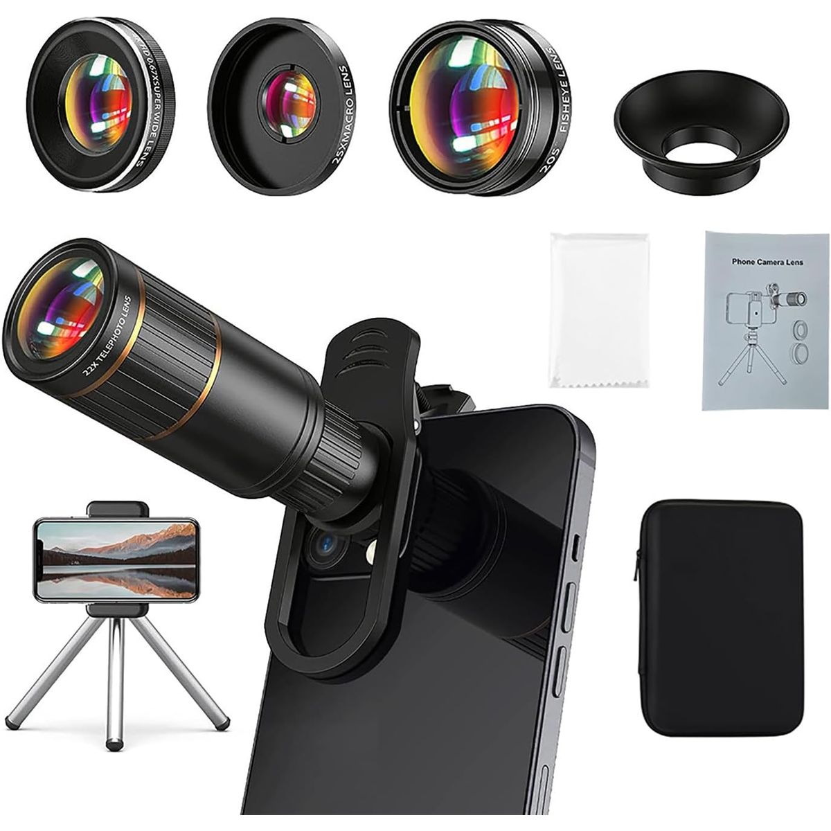 PUREPOWER - 4en1 Teleobjetivo Para Celular Lentes Zoom para Celular,HD20X, Ojo de Pez205°,Gran Angular de140°