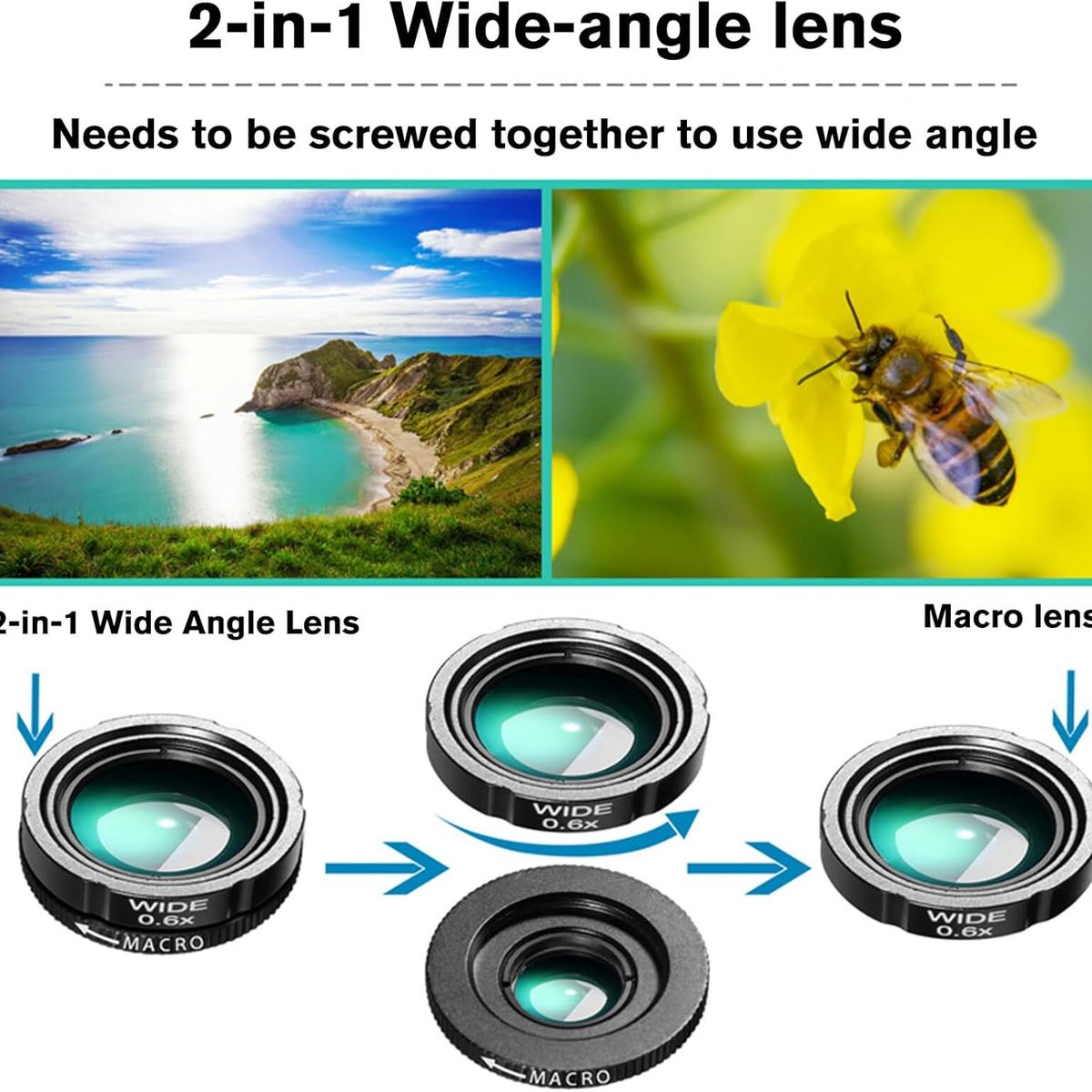 PUREPOWER - 4en1 Teleobjetivo Para Celular Lentes Zoom para Celular,HD20X, Ojo de Pez205°,Gran Angular de140°