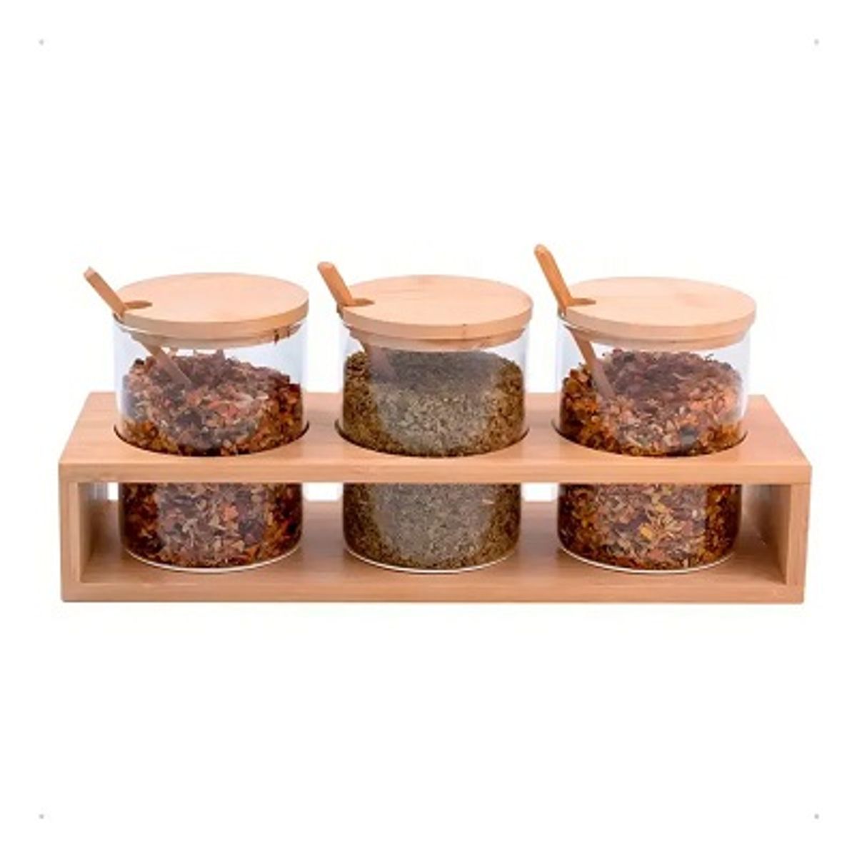 GENERICO - Pack 3 Frascos De Vidrio Con Tapa Bambu + Cucharas Y Soporte