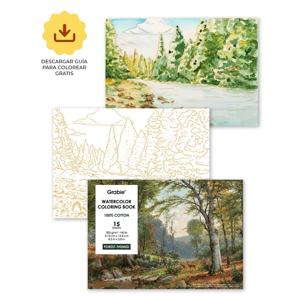 GRABIE - Libro de Acuarela para Colorear 15 hojas A5 300g/m² Bosque